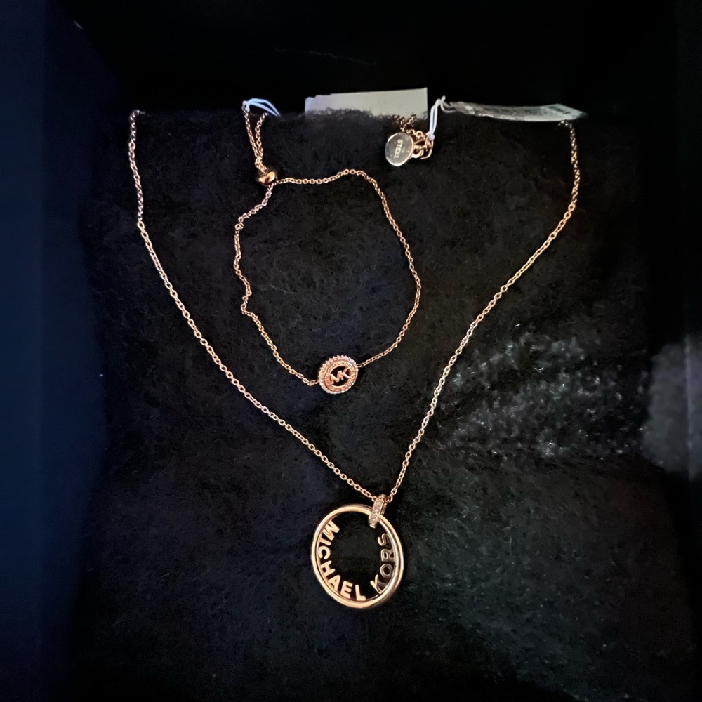 ✅MK Fashion Rose Gold-Tone Pendant Necklace+14k Slider Rose Gold Bracelet Set - Picture 1 of 8